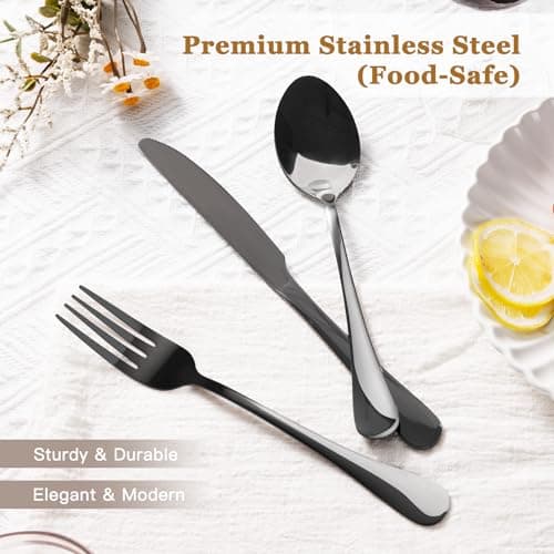 Astercook 24-Piece Black Silverware Set with Steak Knives Flatware Set for 4 Food-Grade Stainless Steel Cutlery Set Mirror Polished Utensils Set Include Spoons and Forks for Home Kitchen Restaurant — view 2