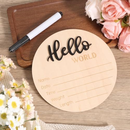 Newborn Announcement Sign with Pen, 5.9in Wooden Hello World Baby Welcome Sign for Newborn Boys and Girls Photo Props Baby Shower Hospital Nursery (Black) — view 4