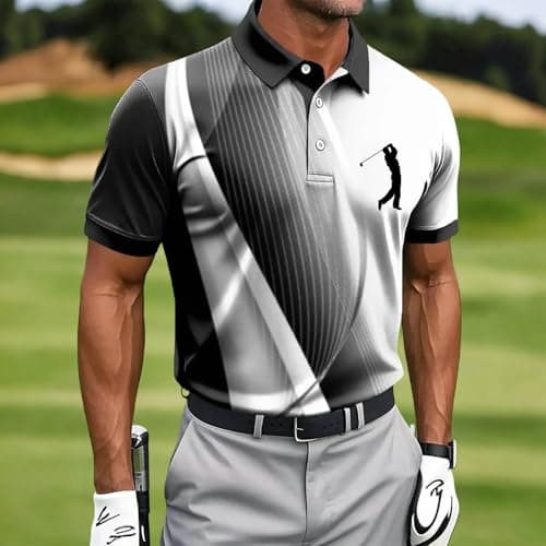 Golf Shirts for Mens Geometric Print Short Sleeve T-Shirts Quick Dry Button Up Collared Tops Calssic Tennis Hiking Top
