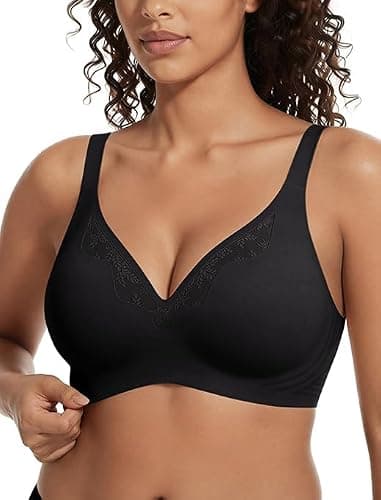 Showyoo Women Jelly Bras No Underwire Seamless Bralettes Comfort Wireless Bra V Neck Full Coverage T Shirt Brassiere Black L