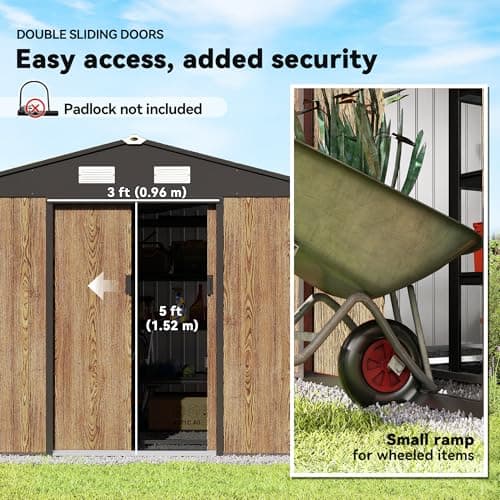 Outsunny 9' x 6' Garden Storage Shed with Foundation Kit, Metal Tool Storage House with Double Doors and Ventilation Slots for Outdoor Patio Yard, Teak — view 3