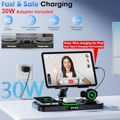 6 in 1 Wireless Charger for Apple Multiple Devices, Charging Station with Clock &7 Color Ambient Light, Foldable Rotate Stand for iPad, for iPhone17/16/15, Support for Apple Watch11/10 For AirPods4 — view 5