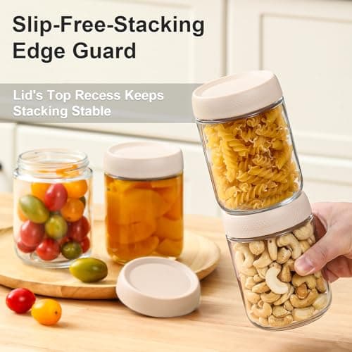 NETANY 6-pack 16oz Glass jars with Airtight Lids, Overnight Oats Containers with Lids, Wide mouth Mason Salad jars, Glass Food Storage Containers for Snacks Yogurt Spice Sugar-Beige — view 3