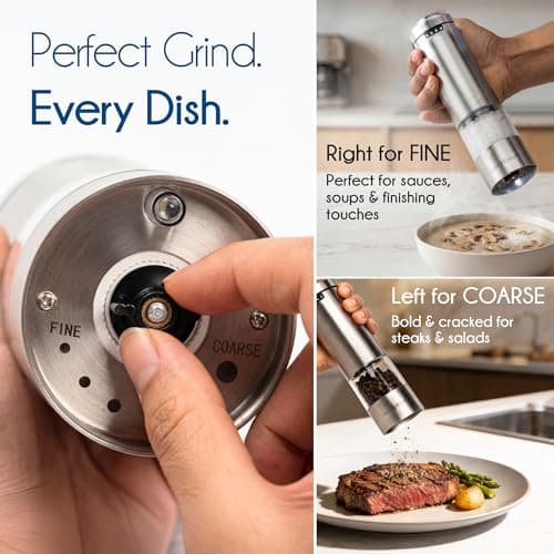 Latent Epicure Electric Salt and Pepper Grinder Set, USB-C Rechargeable Stainless Steel Mills with LED Light, Adjustable Ceramic Grinders with Acrylic Mill Rest Tray — view 5