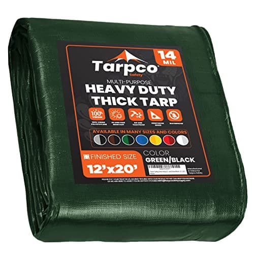 Tarpco Safety Extra Heavy Duty 14 Mil Tarp Cover, Waterproof, UV Resistant, Rip and Tear Proof, Poly Tarpaulin with Reinforced Edges for Roof, Camping, Patio, Pool, Boat (Green/Black 12′ X 20′)
