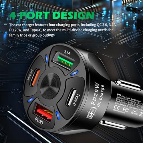 4 Ports Fast Car Charger Adapter,12V/24V Car Cigarette Lighter USB Charger Includes QC3.0/PD20W/Type-C/3.1A,Universal Cars Cigarette Lighter Adapter Cars Phone Chargers (Black) — view 5