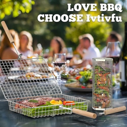 ivtivfu Grill Basket Set, Removable Wooden Handle, 304 Stainless Steel, Rolling Grilling Tools, Smoker BBQ Accessories for Vegetable Fish, Outdoor Cooking Camping, Birthday Gifts for Men Dad Husband — view 5