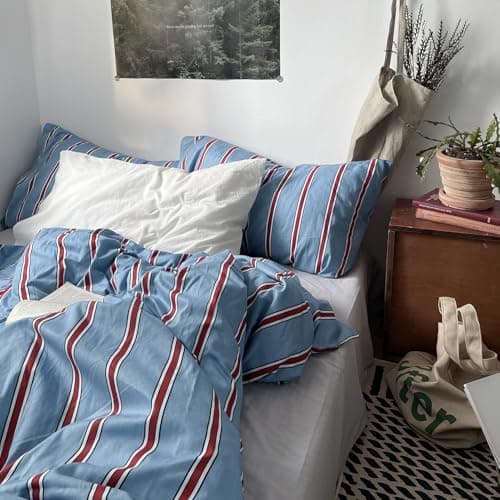 mixinni Vintage Striped Blue Duvet Cover Queen - 100% Cotton Red Stripes 3-Piece Bedding Duvet Cover Set with Zipper Closure, Soft & Breathable Retro Design for All Seasons (Queen Size) — view 8