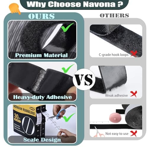 Navona 30Ft x 1 Inch Hook and Loop Strips with Adhesive, Heavy Duty Self Adhesive Hook and Loop Tape with Measuring Scale Backing for Home, Office, School & DIY Projects, Black — view 6