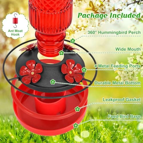 FEED GARDEN Glass Hummingbird Feeder for Outdoors Hanging, 16 oz Leak-Proof Nectar Feeder with Bee Guards & Ant Moat, 4 Metal Flower Feeding Ports, 360° Perch Ring, Easy Refill & Clean, Red — view 2