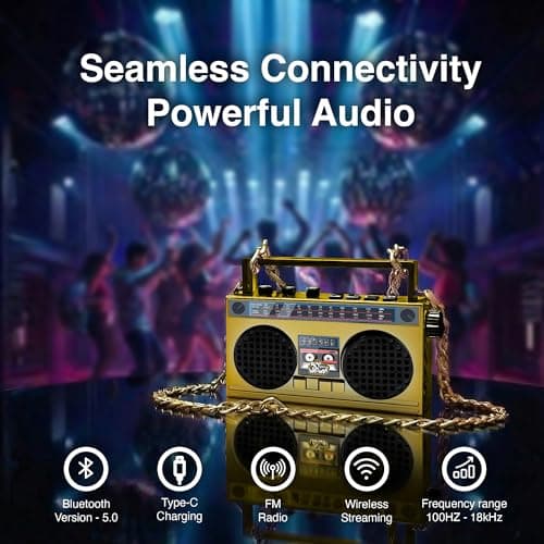 Portable Bluetooth Speakers, Retro Speakers Bluetooth Wireless Wearable Mini Bluetooth Boombox with 27” Neck Chain, FM Radio, On-Board Buttons, Dual 3W Peak Power Bluetooth Speaker for Home & Travel — view 3