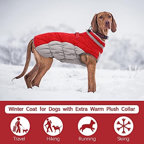 FUAMEY Dog Coat for Medium Dogs,Waterproof Dog Winter Jacket with Harness Built in Puppy Cold Weather Coats Reflective Pet Vest with Zipper Warm Fleece Dogs Snowsuit Windproof Red M — view 2