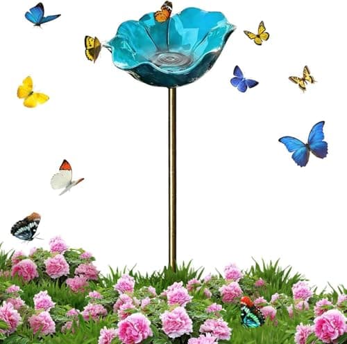 Handmade Metal Flower Garden Stake with Bee Bath & Bird Water Bowl – Decorative Outdoor Yard Art, Watering Station, Weather-Resistant Garden Decor (Blue,1Pcs) — view 4