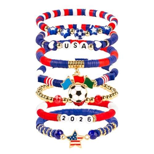 LAVORYNA 2026 Soccer Fan Gear Bracelet Set For Women Souvenirs, National Flag & Soccer Charms Heishi Bead Jewelry Outfits Clothes Styling Accessories For Party Gifts - USA