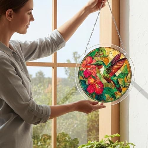 Hummingbird Acrylic Puzzle Suncatcher | 7.87" Stained Glass Style Window Hanging Kit | 83 Pcs DIY Jigsaw Puzzles Garden Decor for Women Mom Gift (Style A, OneSize) — view 4