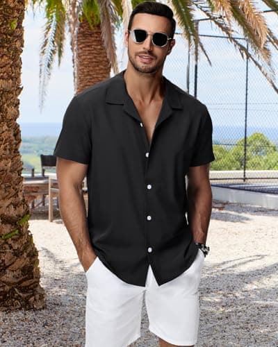 HMIYA Mens Shirts Hawaiian Short Sleeve Button Up Shirt Men Beach Vacation Casual Summer Chemise Homme Solid Color Black — view 3