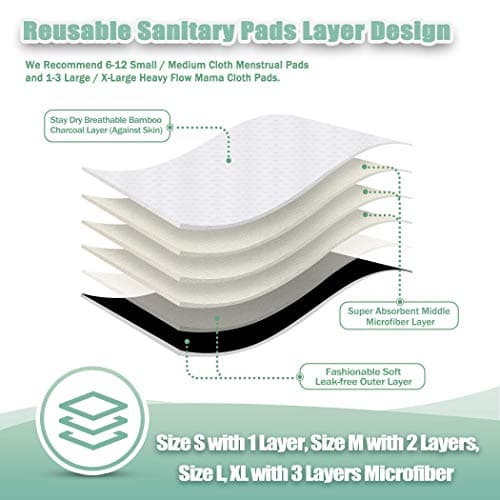 wegreeco Charcoal Reusable Menstrual Pads - Reusable Sanitary Pads | Reusable Panty Liners | Soft Cloth Menstrual - 6 Pack with 1 Cloth Mini Wet Bag (Medium, Black) — view 2