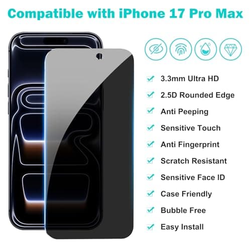 PEHAEL 3+3 Pack for iPhone 17 Pro Max Privacy Screen Protector with Camera Lens Protector Full Coverage Anti-Spy Tempered Glass Film 9H Hardness Easy Installation Bubble Free [6.9 inch]