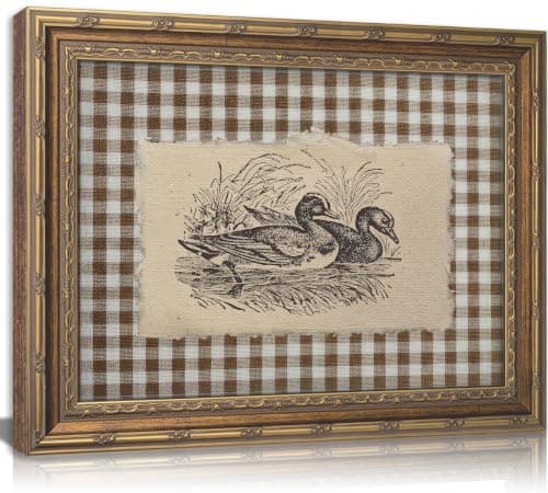 Vintage Gold Framed Wall Art, Brown Gingham Sketch Ducks Canvas Prints, Retro Rustic Farmhouse Animal Picture Wall Decor, Country Cottagecore Goose Poster Artwork for Living Room Bedroom