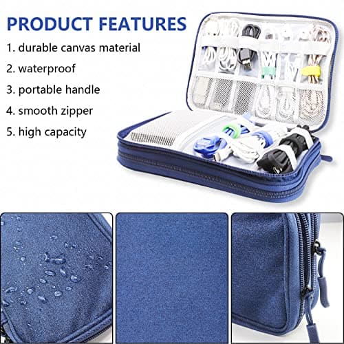 Teskyer Cable Organizer Bag, Portable Travel Cord Organizer case, All in One Waterproof Electronics Accessories Storage Bag for Cables, Chargers, Earphones, Hard Drives, 9.6 x 6.9 inch (Navy Blue) — view 2