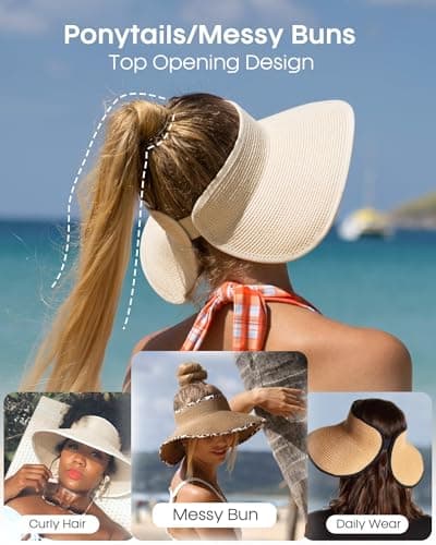FURTALK Sun Visor Hats for Women Wide Brim Straw Roll Up Ponytail Summer Beach Hat UV UPF 50 Packable Foldable Travel — view 2