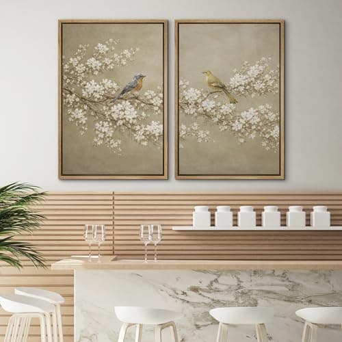 SIGNWIN Framed Canvas Print Wall Art Set Spring Birds on Blossoming Branches in Neutral Tones Illustration Modern Art Minimalism Decorative for Living Room, Bedroom, Office - 16"x24"x2 Natural — view 3