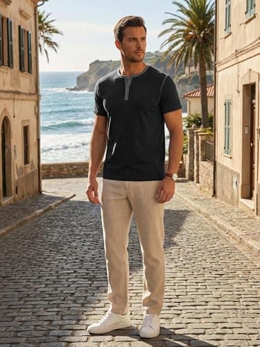 Rela Bota Mens Henley Shirts Short Sleeve Casual Summer T-Shirt Cotton Classic Crewneck Button Tees Muscle Slim Fit Tops Black — view 4