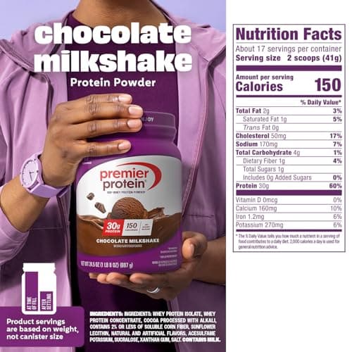 Premier Protein Powder, Chocolate Milkshake, 30g Protein, No Added Sugar, 100% Whey Protein, Keto Friendly, Soy & Gluten Free, 24.5 oz (17 Servings) — view 4