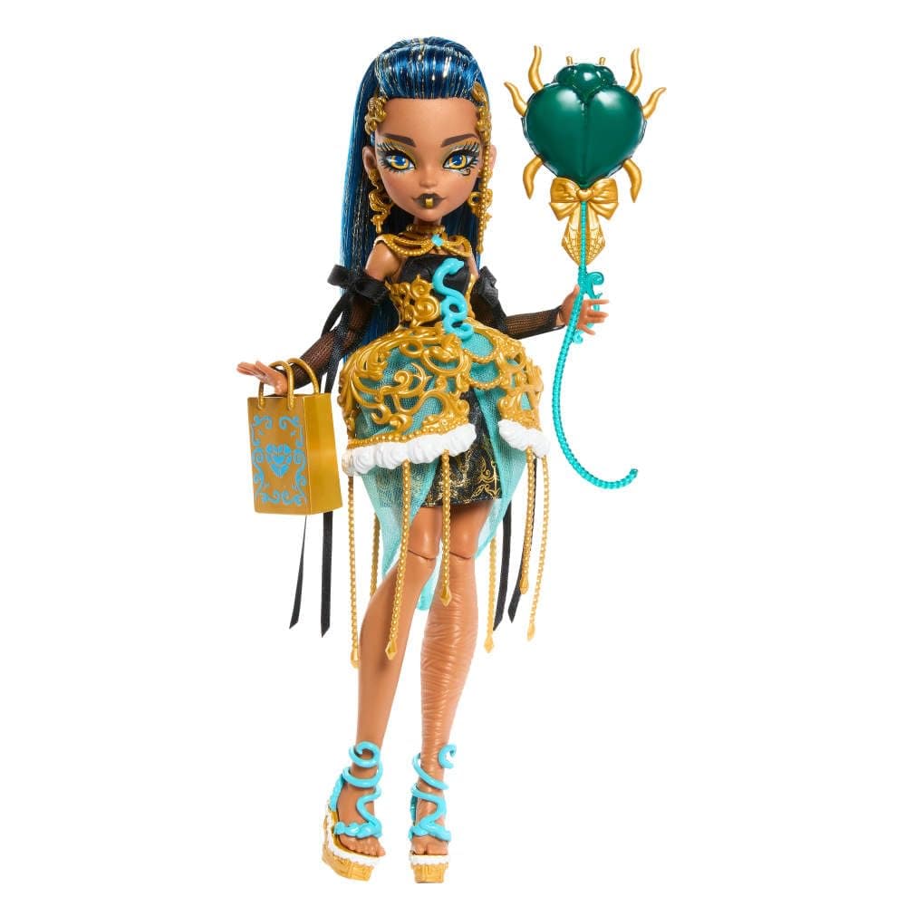 Monster High Cumplespantos Cleo De Nile Muñeca con vestido de fiesta dorado y accesorios temáticos como una invitación, un globo, un regalo, un pintalabios y mucho más, JBG76