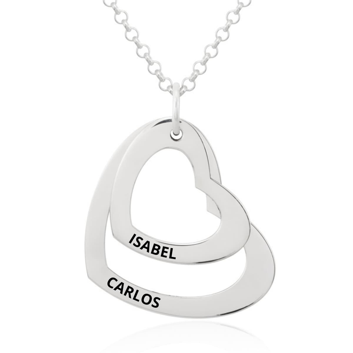 Collar Corazón con Grabación de Nombres Personalizada en Plata de Ley 925 Cadena de 45cm + Alargador. Regalo ideal de San Valentín, para Novia Madre Abuela. Hecho en España. (2 Corazones Plata)