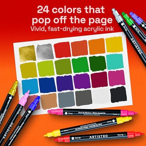 ARTISTRO 24 Precision Dual-Tip Acrylic Paint Markers – Paint Pens Set with Dot & Fine Tips for Fabric, Rock, Glass, Wood, Coloring Books – Arts & Crafts Gift – Classroom Must Haves & School Supplies
