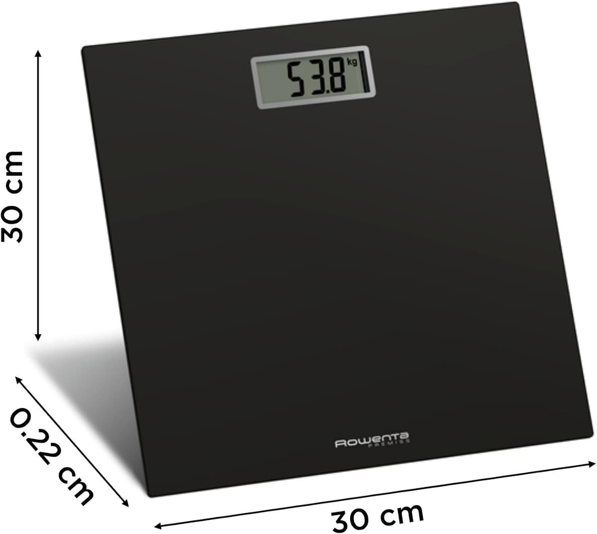 Rowenta Premiss - Báscula de baño con Pantalla LCD, diseño fino de 2cm de alto, hasta 150 kg y 100 gr precisión, encendido y apagado automático, Negro BS1400