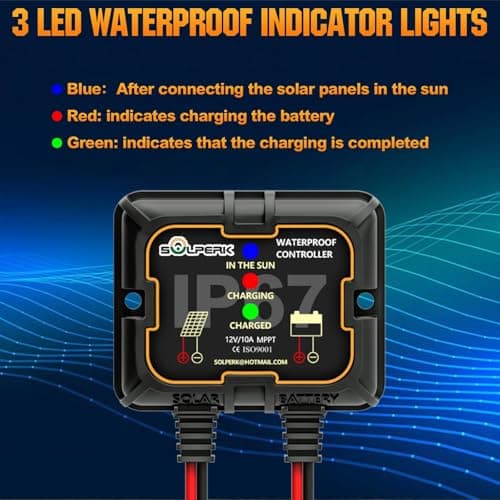 SOLPERK Waterproof Solar Charge Controller 10A 12V,Intelligent Portable Controller IP67 Solar Panel Controllers for AGM, Gel, Flooded and Lithium Battery — view 4