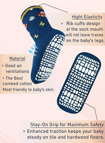 RATIVE Non Skid Anti Slip Cotton Crew Baby Babies Toddler Toddlers Socks for Boy Boys 2T 3T 2T-3T 12-24 12-18 Months With Grip Grippers (1-3T,RB-71112) — view 4
