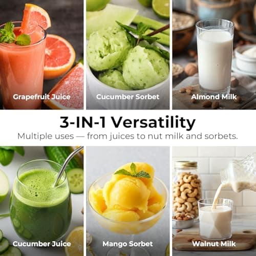 EanOruus Juicer Machines, 3-in-1 Cold Press Juicer with 6.5" Extra Large Chute, 100oz Large Capacity, AC Motor, Makes Juice, Nut Milk & Sorbet, Premium Gray — view 2