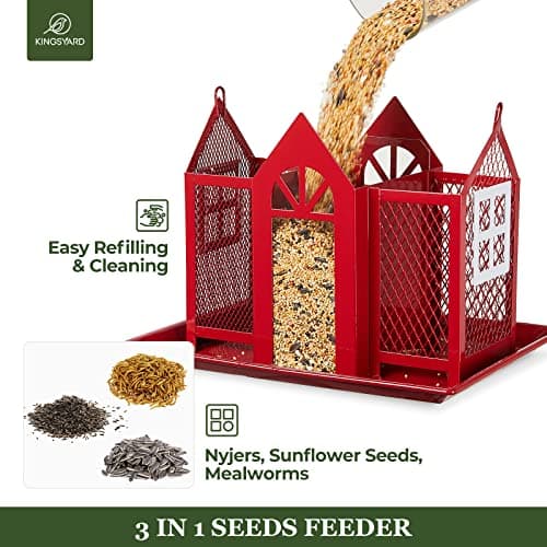 Kingsyard Bird Feeder House for Outside, Metal Mesh Wild Bird Feeder with Triple Feeders for Finch Cardinal Chickadee, Large Capacity, Weatherproof and Durable, Red — view 2