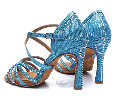 Minishion Women's Rhinestone Dance Shoes Ankle Strap Latin Salsa Dancing Heels, L419 Blue 10cm Heel, 7 — view 4
