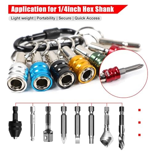X-STEEL 6Pcs Bit Holder, 1/4 Drill Bit Holders, Keychain Drill Screw Adapter Change Portable, With Black Carabiner for Tools & Home Improvement Gift