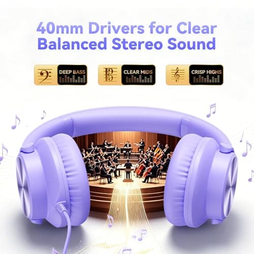 KVIDIO Wired Headphones with Mic, Volume & Playback Control, Over-Ear Foldable Headphones, 3.5mm Plug, 90° Swivel Ear Cups, 4.9ft Tangle-Free Cord for Tablet, Laptop, PC, School, Travel (Purple)