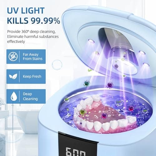 Ultrasonic Retainer Cleaner Machine, Upgraded 45kHz Ultrasonic Cleaner for Mouth Guard Braces, Night Guards, Toothbrush Heads & Jewlery with 200ML, 4 Modes and Digital Timer Dental Cleaning Pod (Light Blue) — view 3