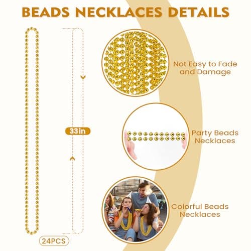 SHAOQINLIN 24 PCS Gold Mardi Gras Beads, Christmas Necklaces, Gold Bead Necklace, 33'' Metallic Party Beads Necklaces Bulk for Mardi Gras, Christmas, New Year's Day, Carnival Party Favors