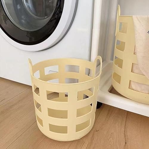 Small Plastic Imitation Rattan Laundry Basket with Handles Clothes Organizer Portable Reusable Storage Hamper for Bathroom and Home Lightweight Hollow-Out Design, 20 X18CM — view 4