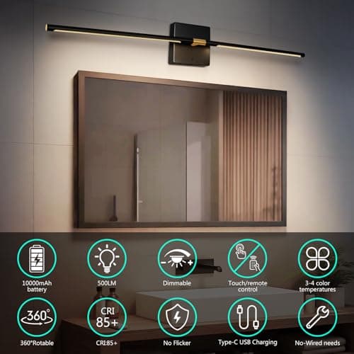 Yogaret Battery Operated Wall Sconces Set of 2,10000mAh Rechargeable Wireless Wall Lights with Remote,360°Rotate Magnetic Wall Lamps,Dimmable Sconces Wall Lighting for Bedroom,Mirror,Living Room,32in — view 4