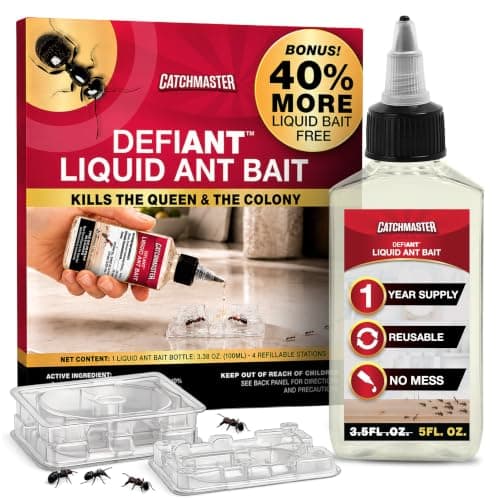Catchmaster Defiant Premium Liquid Ant Killer, 1-Year Supply, Kills the Queen and Colony, No Mess Precision Bottle, Reusable Ant Traps Indoor & Outdoor, Pest Control Traps, Made in USA