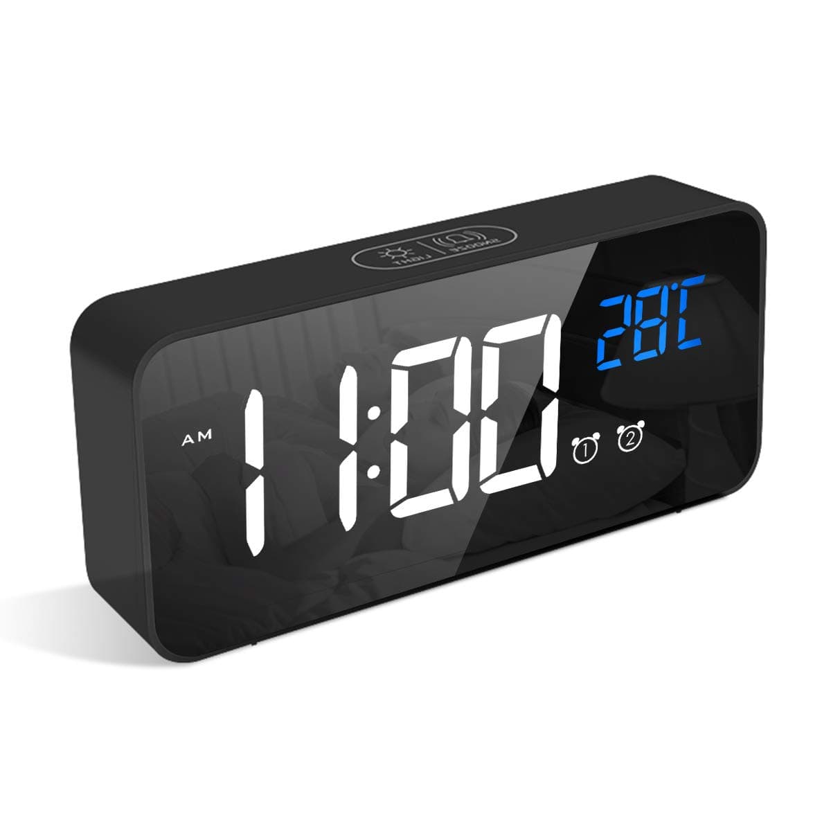 LATEC Reloj Despertador, LED Pantalla Reloj Despertador Digital con Espejo, Doble Alarma, Temperatura, Puerto de Carga USB, 10 Música, 4 Brillo Ajustable, 12/24H(Blanco) — view 8