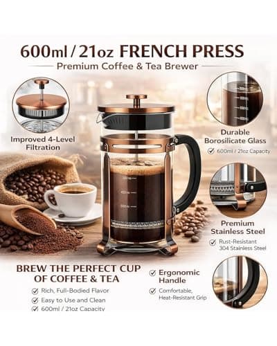 French Press Coffee Maker 21oz, Heat-Resistant Glass Coffee Maker-Bronze — view 6