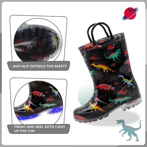 EUXTERPA Kids Toddler Light Up Rain Boots Boys Waterproof Patterns and Glitter Boots with Easy On Handles, Black Dinosaur, Toddler Size 9 — view 3