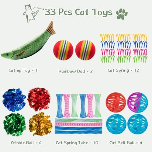 SHIPPOU Cat Toys 33 Pack - Delightful Interactive Variety Set for Cats & Kittens with Catnip Toy, Crinkle Balls, Cat Ball Toys, Springs to Reduce Anxiety & Destructive Behaviour