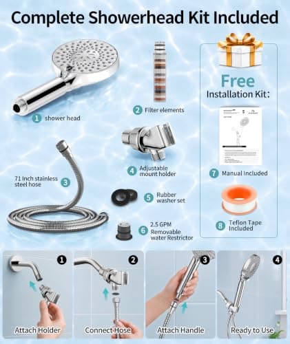 Filtered Shower Head with Handheld, High Pressure 9 Spray Mode Chrome Showerhead with Filters,Detachable Shower Head,Water Softener Filters Beads for Hard Water -Remove Chlorine — view 7