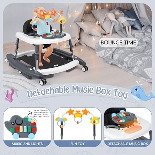 CiuseiAnx 5 in 1 Baby Walker Foldable Music and Lights with 5 Adjustable Heights, Baby Walker with Wheels Portable, Infant Toddler Walker for Baby Boy Girls 6-18 Months (D-Grey) — view 6